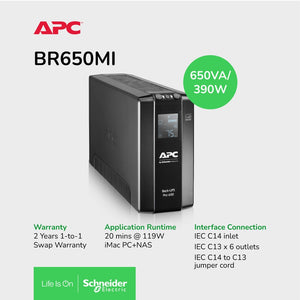 APC BR650MI Back UPS Pro BR 650VA, 390W 6 Outlets, AVR, LCD Interface / 2Yrs Warranty