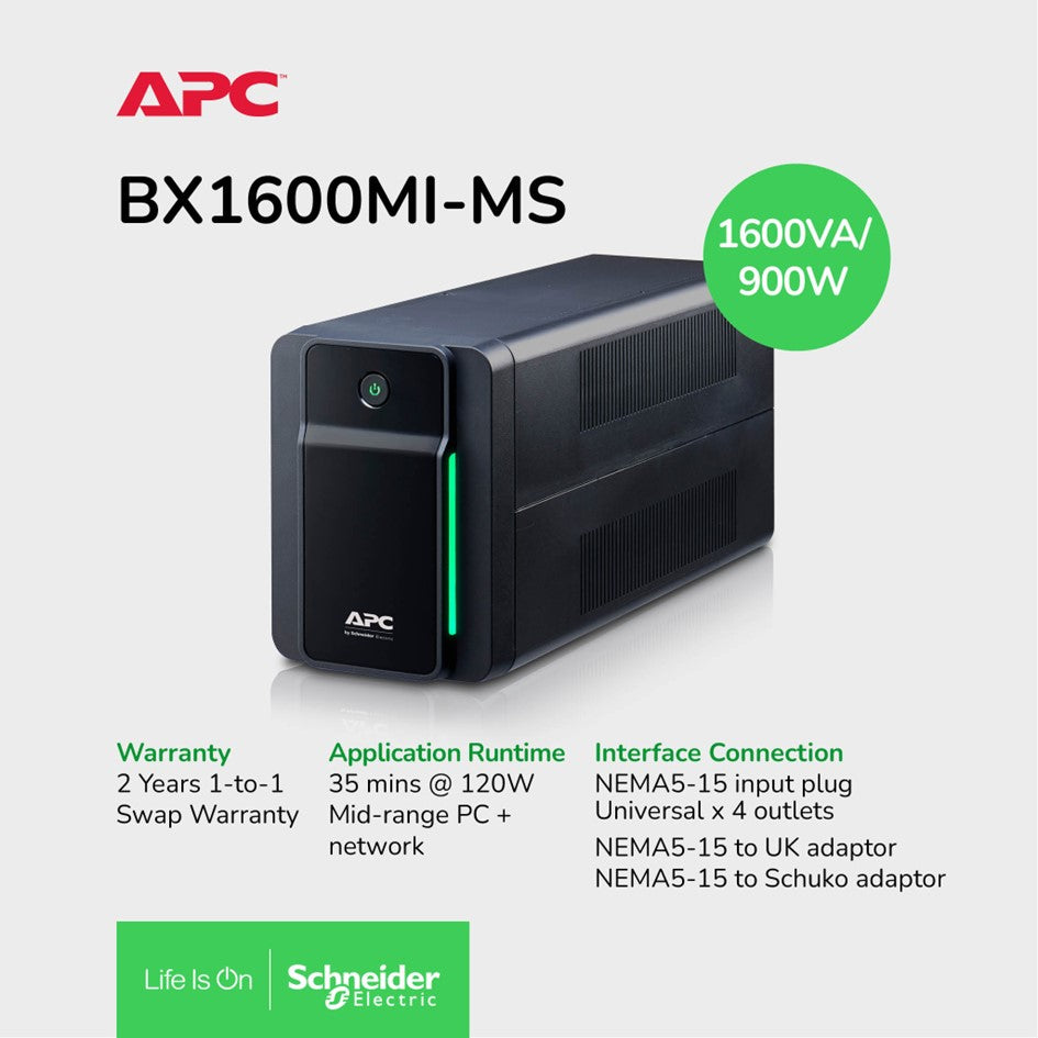 APC BX1600MI-MS Back-UPS 1600VA, 900W , 230V, AVR, 4 universal outlets / 2 YRS Warranty