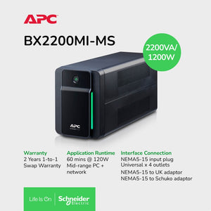 APC BX2200MI-MS  Back-UPS 2200VA, 1200W , 230V, AVR, 4 universal outlets /2YRS Warranty