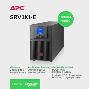 APC SRV1KI-E Easy UPS On-Line SRV 1000VA 900W 230V Tower, 3x IEC C13 outlets, Intelligent Card Slot, LCD