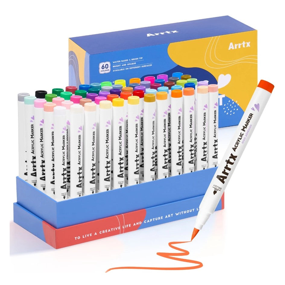 Arrtx Paint Pens 60 Regular Colors Acrylic Marker Brush Tip Art Supplies 60A