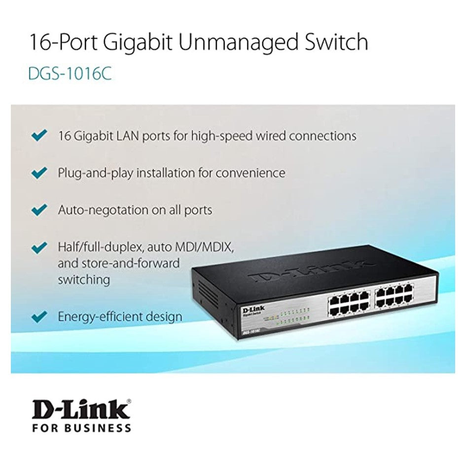 D-link DGS-1016C 16-Port Gigabit Unmanaged Desktop /Rackmount Switch In Metal Casing