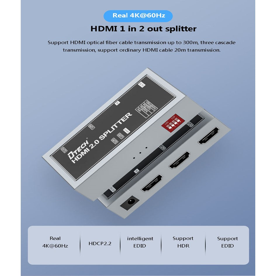 DTECH 2-Port HDMI Splitter 2.0 4k 60hz HDTV Switcher 1x2 EDID Splitter HDMI