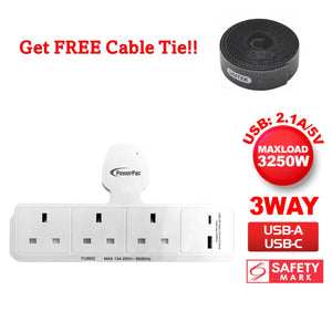 Powerpac  3W Wall socket Power Wall Extension Pug with 1x USB C & 1x USB-A Port Charger PP299U