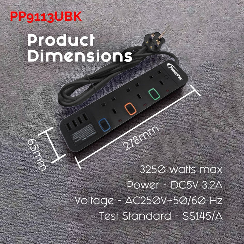 Powerpac 3W/4W/5W/6W Power Extension Socket Extension with 4x USB Port Charger
