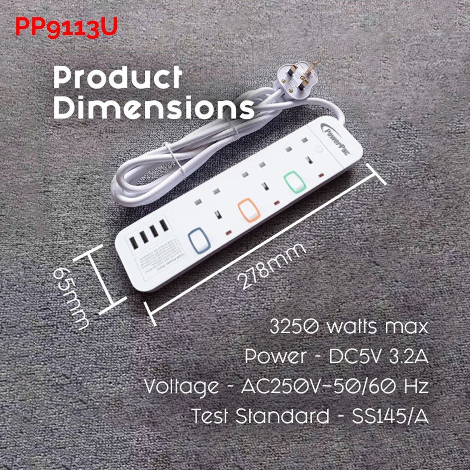 Powerpac 3W/4W/5W/6W Power Extension Socket Extension with 4x USB Port Charger White