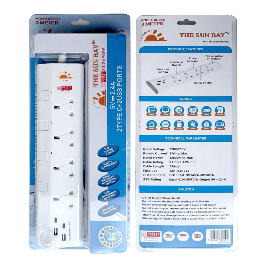 SUNRAY 4Way- 3Meter with 2x USB-C Type C and 2x USB-A Extension Socket with Approve Safety Mark 3250Watts Max