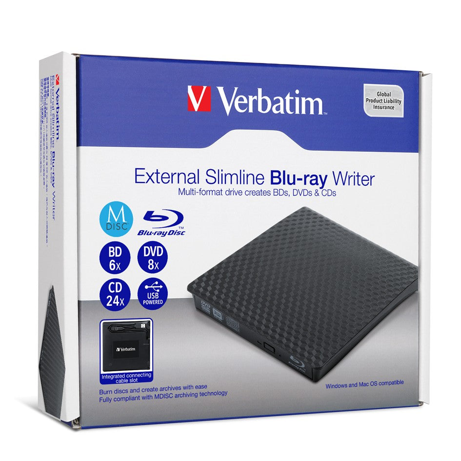 Verbatim External slimline Mobile Blu-ray Writer P/N: 66718 USB 3.2 Gen 1 / USB A & C Connection
