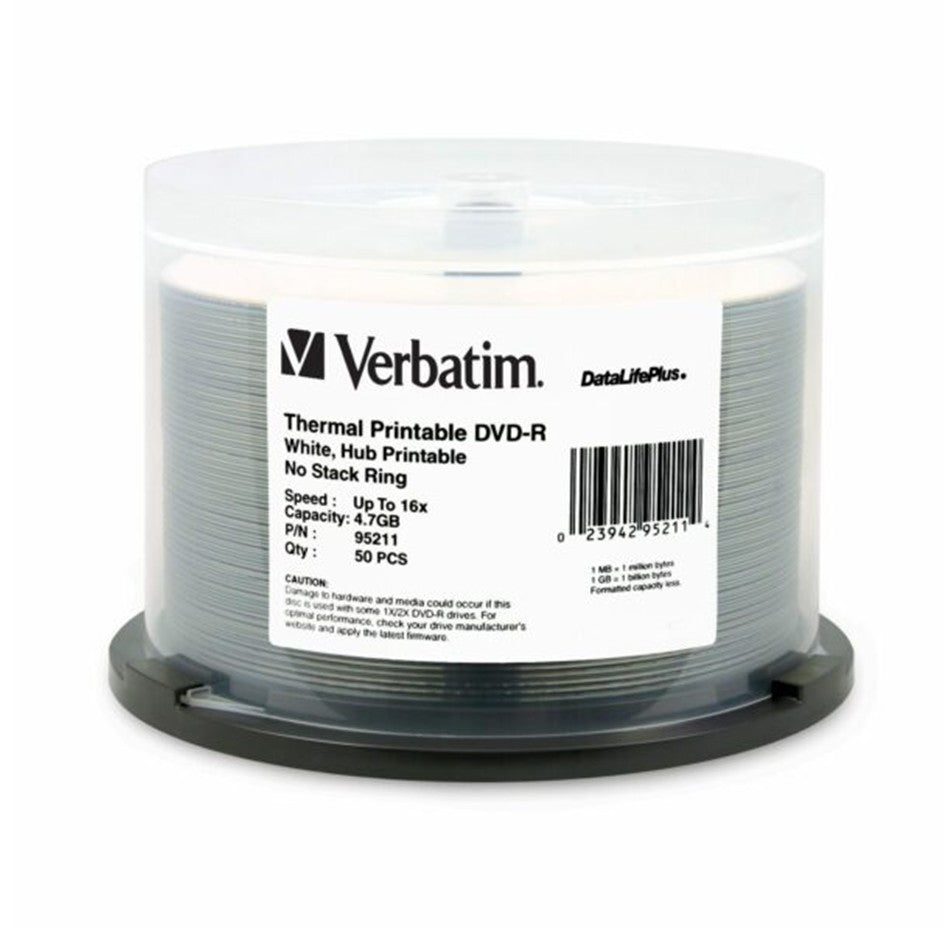 Verbatim DVD-R Thermal Printable Wide White Thermal 50pcs per cake box 4.7GB 16x 120min #95211