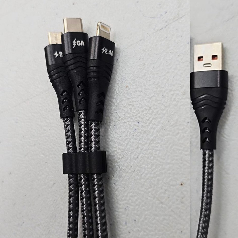 2Meter 3-in-1 Fast Charging Data Cable Type C , Micro USB , Lightning Cable Dark Grey