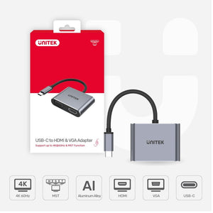 USB-C Type C to HDMI and VGA Adaptor ( Support up to 4K@60Hz & MST function) Unitek V1126A