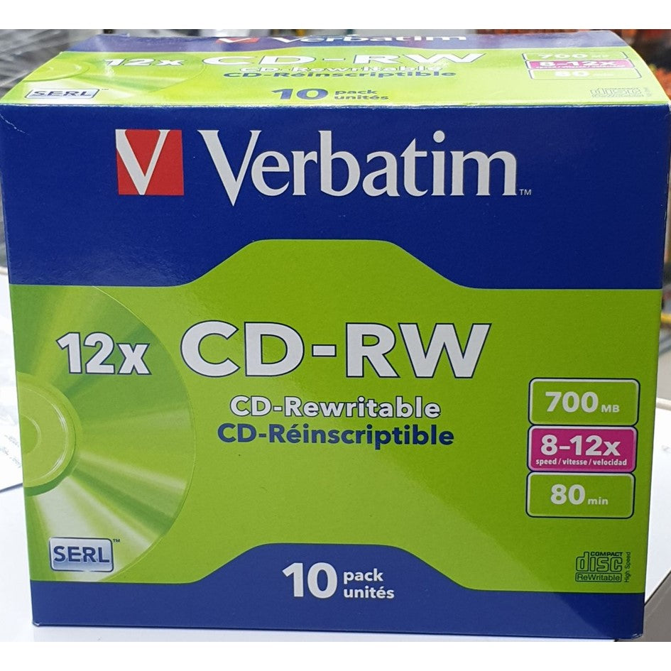 Verbatim CD-RW 700MB 8-12X Speed 80Min 10pcs P/N: 43148 Made in Taiwan