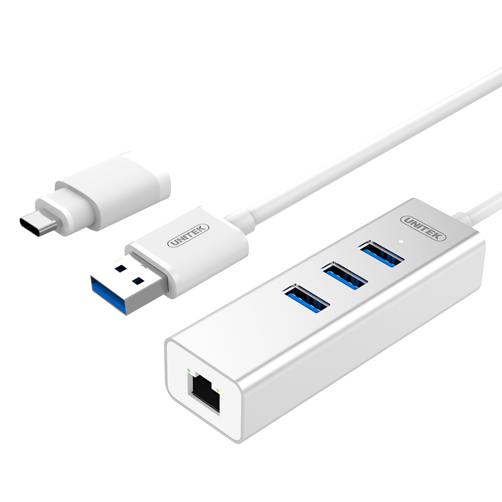 Unitek Y-3083B Usb3 3-Port+ Gigabit Ethernet Aluminium Hub (With Usb Type C Adaptor)