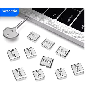 USB-C Type C Port Blocker Pack of  10pcs + 1pc Key Silver