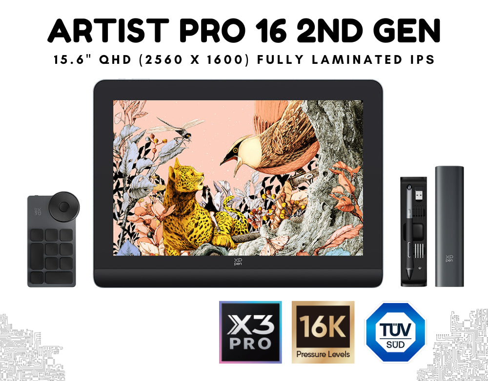 XP-PEN Artist Pro 14 / 16 Gen 2 Fully Laminated Drawing Display Tablet -  QHD, IPS, 16K Pen Pressure, sRGB 99%, Low Blue Light, Includes Wireless Shortcut Remote, X3 Pro Smart Chip Stylus