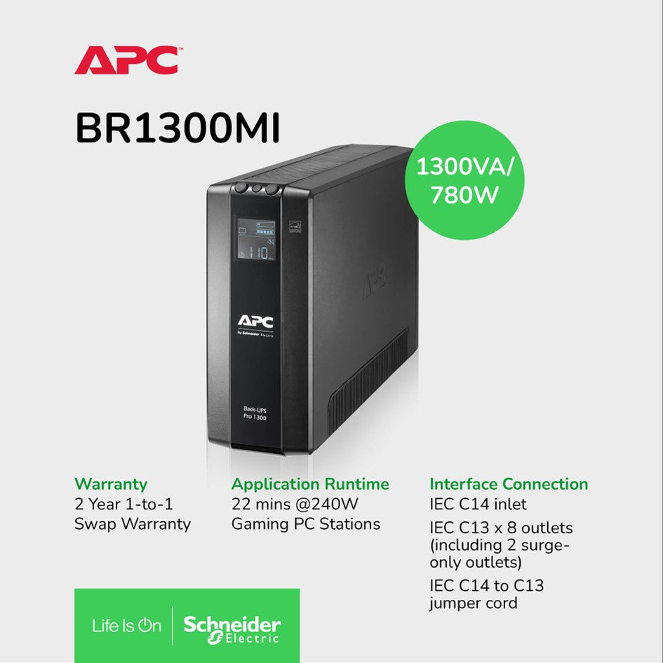 APC BR1300MI Back-UPS Pro, 1300VA/780W, Tower, 230V, 8x IEC C13 outlets, AVR, LCD, User Replaceable Battery 2Yrs Warranty
