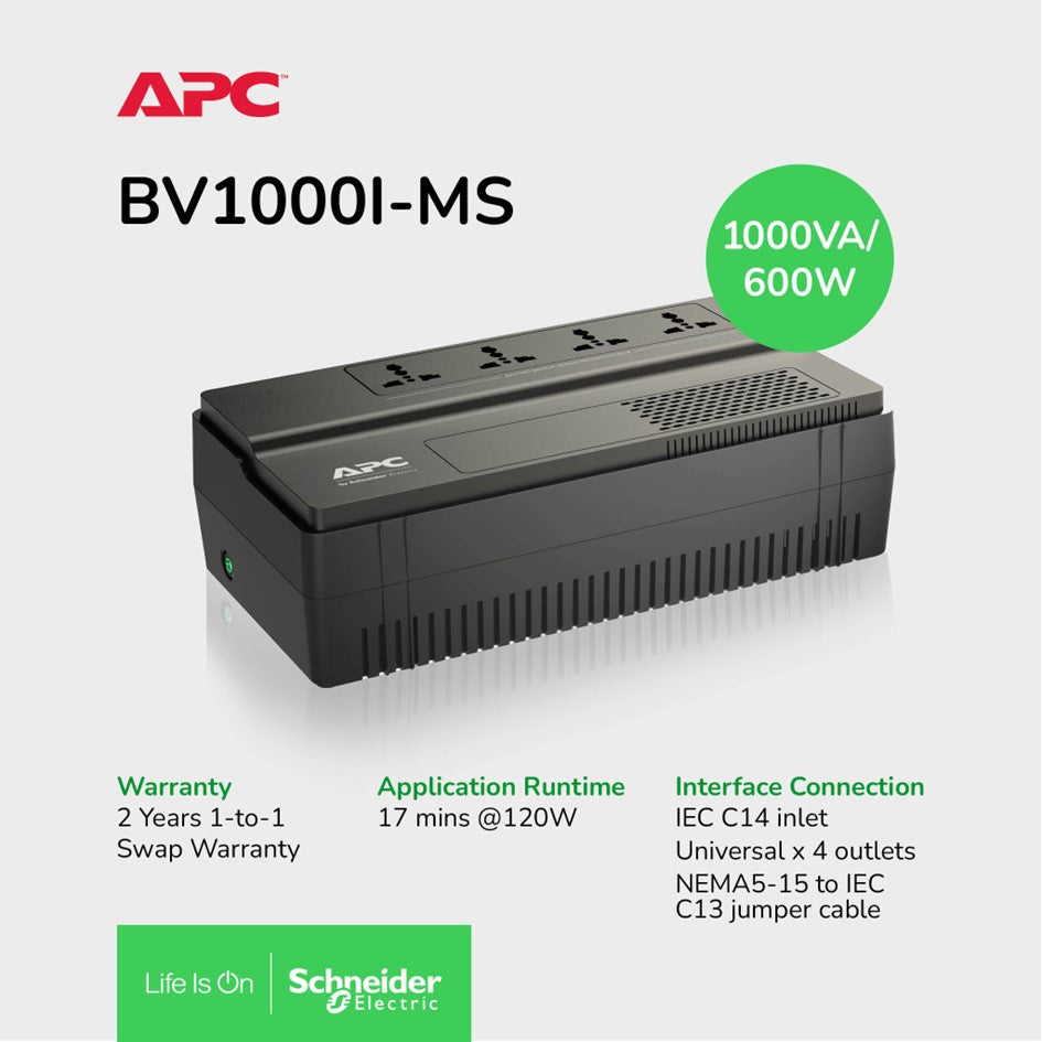 APC BV1000I-MS Easy UPS, 1000VA, 600W Floor/Wall Mount, 230V, 4x Universal outlets, AVR / 2Yrs Warranty