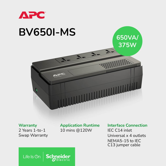 APC BV650I-MS Back-UPS BV 650VA, 375W , AVR, Universal Outlet, 230V /2YRS Warranty