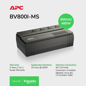 APC BV800I-MS Back-UPS BV 800VA, 480W AVR, Universal Outlet, 230V / 2Yrs Warranty