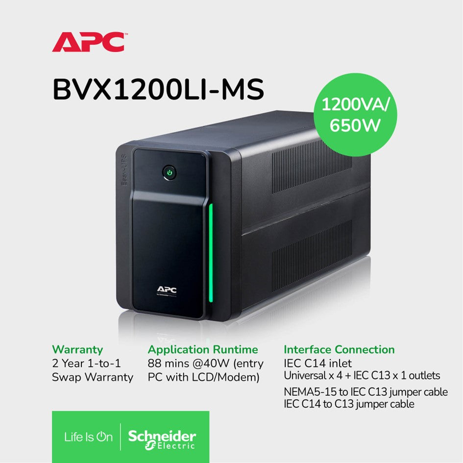 APC BVX1200LI-MS 1200VA 650W Back UP UPS  230V AVR Universal Sockets - stock is back