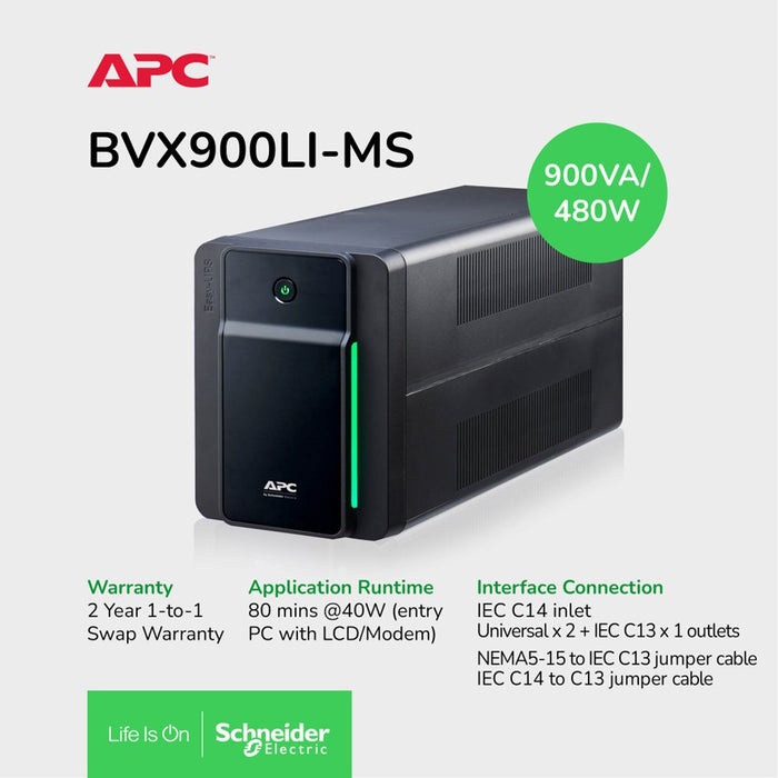 APC BVX900LI-MS Easy UPS BVX 900VA, 480W 230V, AVR, Universal Sockets / 2Yrs Warranty