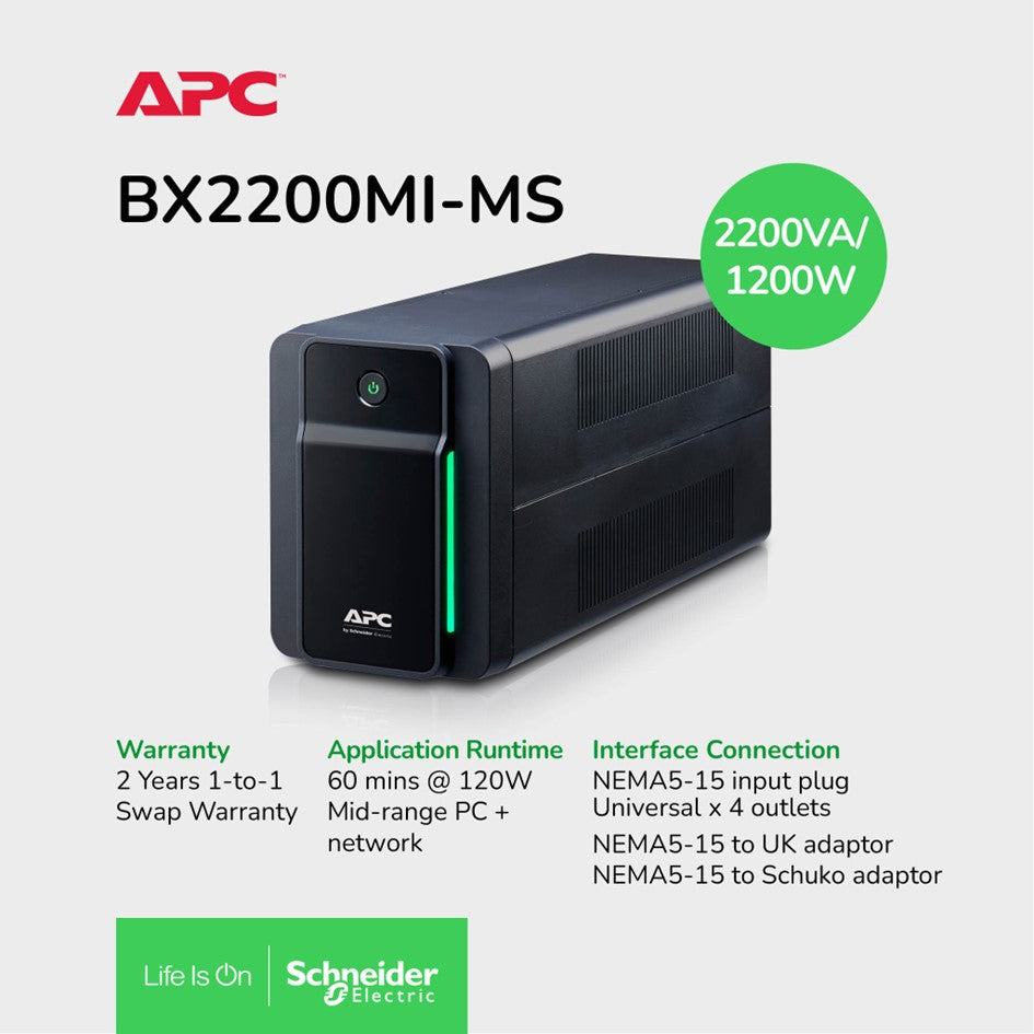 APC BX2200MI-MS  Back-UPS 2200VA, 1200W , 230V, AVR, 4 universal outlets /2YRS Warranty