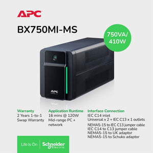 APC BX750MI-MS Back-UPS 750VA, 410Watts 230V, AVR, 2 universal & 1 IEC outlets / 2Yrs Warranty