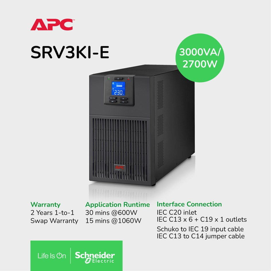 APC SRV3KI-E Easy UPS On-Line, 3kVA/2700W, Tower, 230V, 6x IEC C13 + 1x IEC C19 outlets, Intelligent Card Slot, LCD / 2YRS WARRANTY