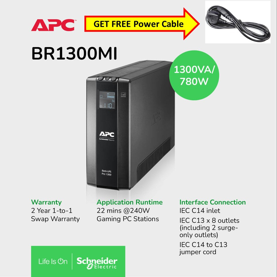 [Get FREE Power Cable] APC BR1300MI Back-UPS Pro, 1300VA/780W, Tower, 230V, 8x IEC C13 outlets, AVR, LCD, User Replaceable Battery 2Yrs Warranty