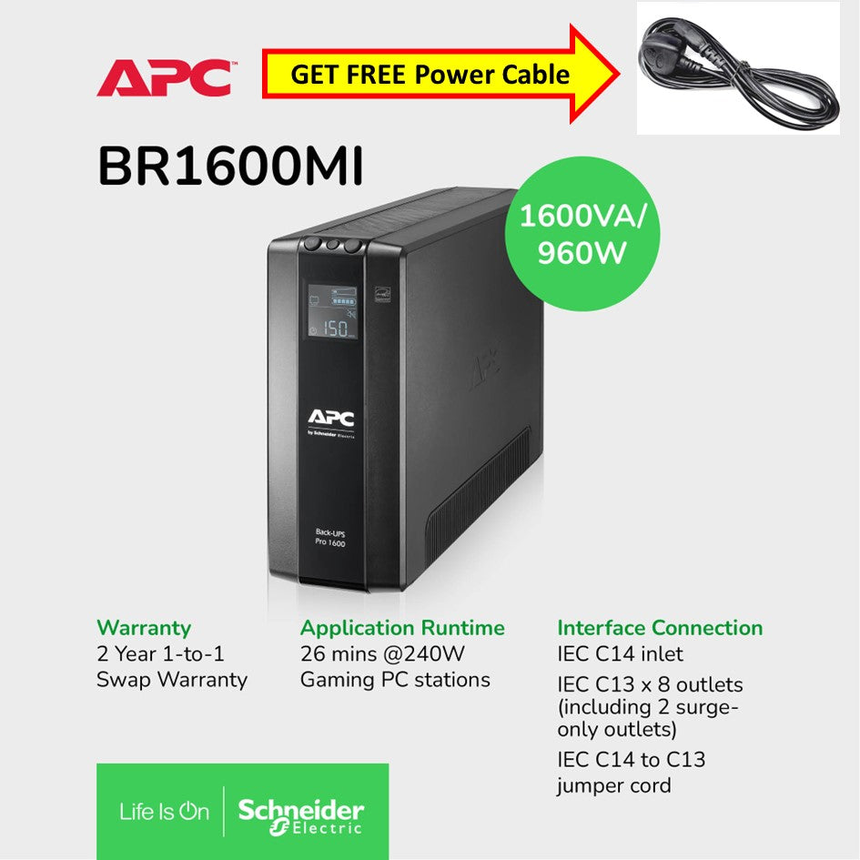 [Get FREE Power Cable] APC BR1600MI Back-UPS Pro, 1600VA/960W, Tower, 230V, 8x IEC C13 outlets, AVR, LCD, User Replaceable Battery/2YRS WARRANTY