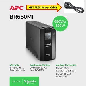 [Get FREE Power Cable] APC BR650MI Back UPS Pro BR 650VA, 390W 6 Outlets, AVR, LCD Interface / 2Yrs Warranty