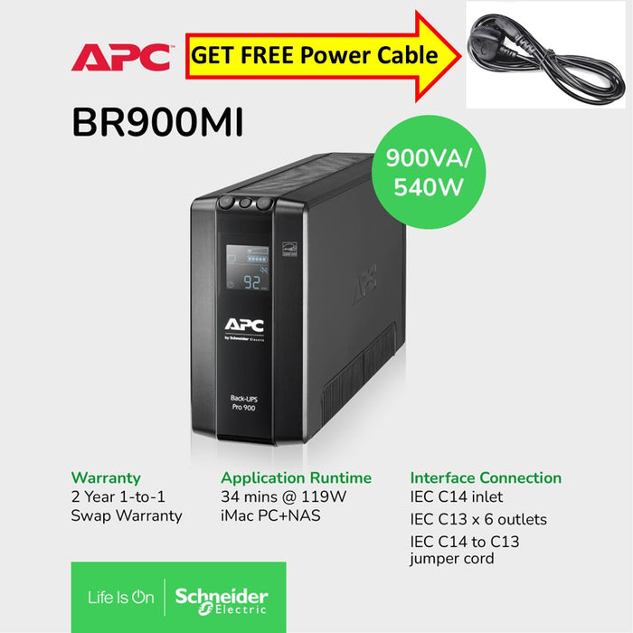 [Get FREE Pwer Cable] APC BR900MI Back UPS Pro BR 900VA, 6 Outlets, AVR, LCD Interface / 2YRS Warranty
