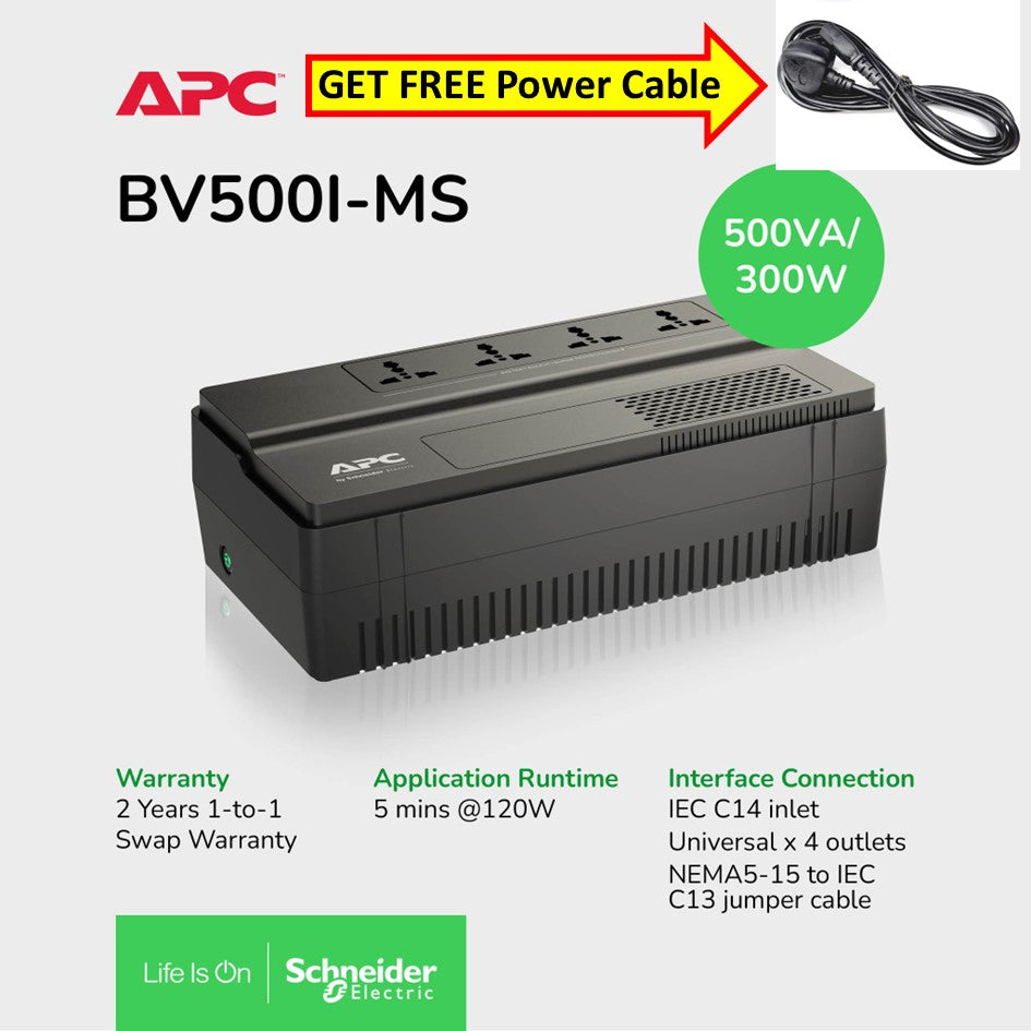 [Get FREE Power Cable] APC BV500I-MS Easy UPS, 500VA, 300W ,Floor/Wall Mount, 230V, 4x Universal outlets, AVR / 2YRS Warranty