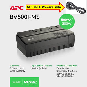 [Get FREE Power Cable] APC BV500I-MS Easy UPS, 500VA, 300W ,Floor/Wall Mount, 230V, 4x Universal outlets, AVR / 2YRS Warranty