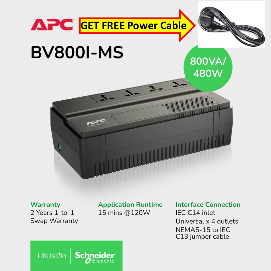 [Get FREE Power Cable] APC BV800I-MS Back-UPS BV 800VA, 480W AVR, Universal Outlet, 230V / 2Yrs Warranty