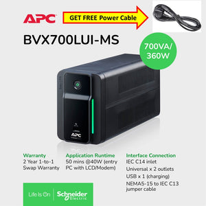 [Get FREE Power Cable] APC BVX700LUI-MS Easy UPS BVX 700VA, 360W 230V, AVR, USB Charging, Universal Sockets / 2Yrs Warranty