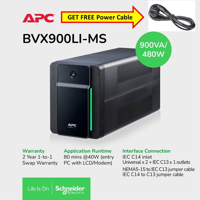[Get FREE Power Cablle] APC BVX900LI-MS Easy UPS BVX 900VA, 480W 230V, AVR, Universal Sockets / 2Yrs Warranty