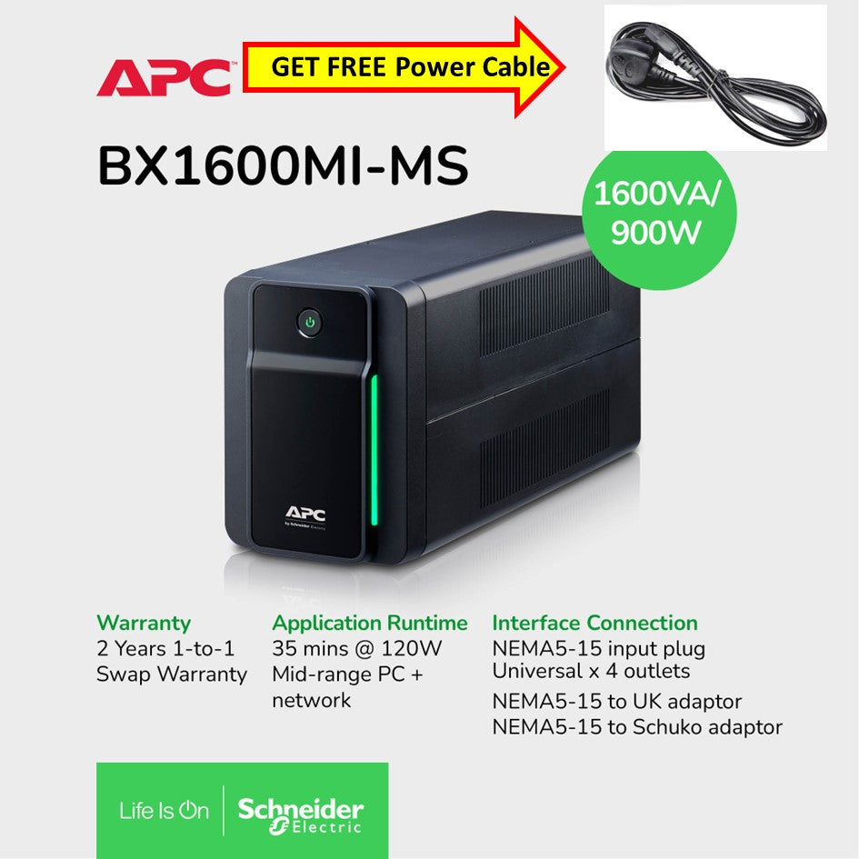 [Get FREE Power Cable] APC BX1600MI-MS Back-UPS 1600VA, 900W , 230V, AVR, 4 universal outlets / 2 YRS Warranty