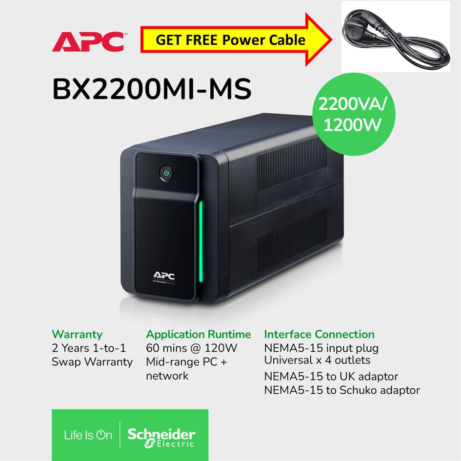 [Get FREE Power cable] APC BX2200MI-MS  Back-UPS 2200VA, 1200W , 230V, AVR, 4 universal outlets /2YRS Warranty