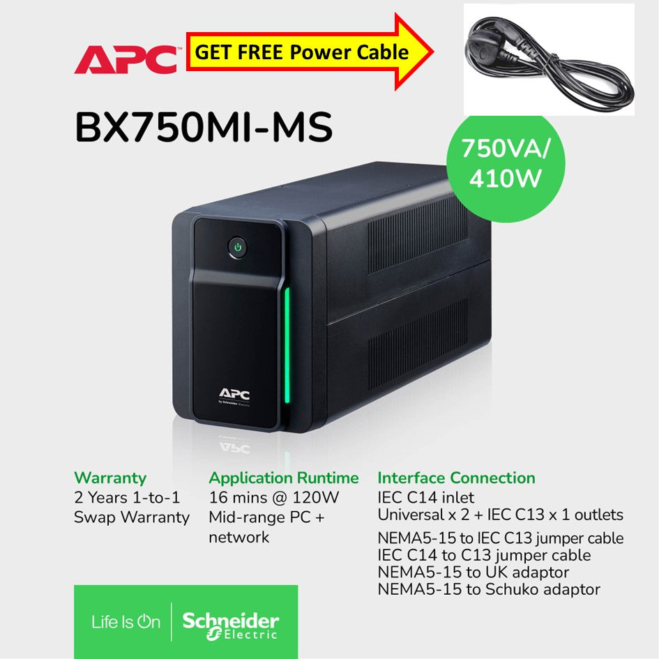 [Get FREE Power Cable}] PC BX750MI-MS Back-UPS 750VA, 410Watts 230V, AVR, 2 universal & 1 IEC outlets / 2Yrs Warranty