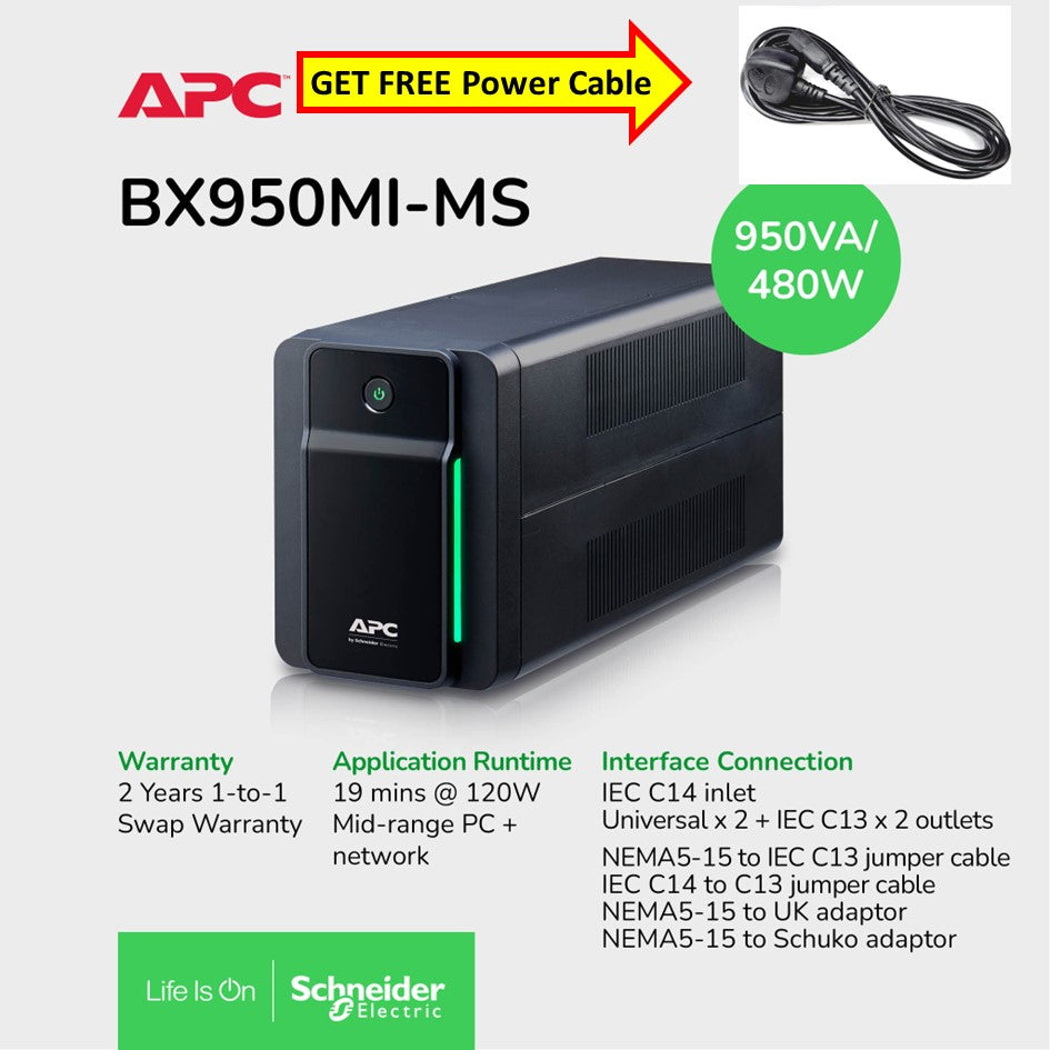 [Get FREE Power Cable] APC BX950MI-MS Back-UPS 950VA, 480WAtts 230V, AVR, 2 universal & 2 IEC outlets /2YRS Warranty