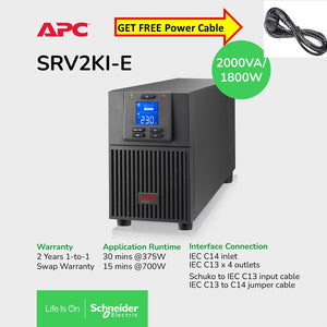 [Get FREE Power Cable] APC SRV2KI-E Easy UPS On-Line, 2000VA/1800W, Tower, 230V, 4x IEC C13 outlets, Intelligent Card Slot, LCD / 2yrs Warranty