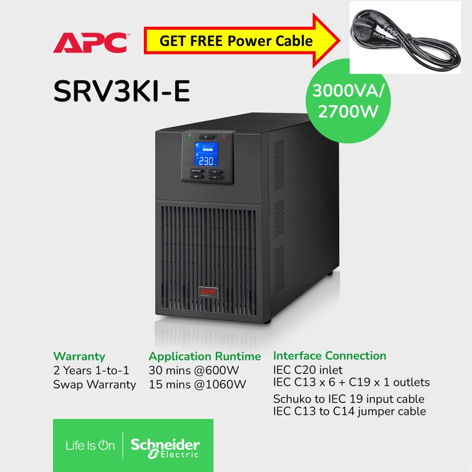 [Get Free Power Cable] APC SRV3KI-E Easy UPS On-Line, 3kVA/2700W, Tower, 230V, 6x IEC C13 + 1x IEC C19 outlets, Intelligent Card Slot, LCD / 2YRS WARRANTY