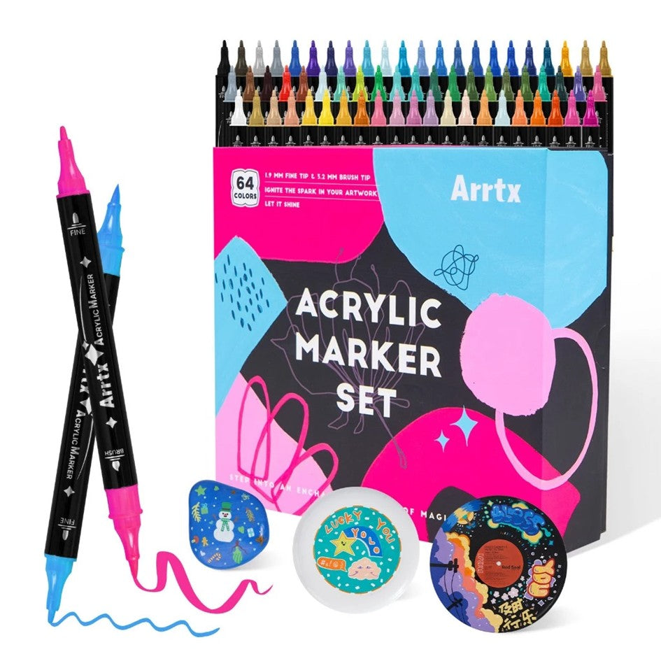 Arrtx 64 Colors Acrylic Markers Dual Tip Paint Pen Set / Arrtx 64C Acrylic Marker Set of 64 Dual Tip