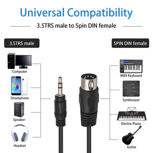 MIDI Cable , 3.5mm Stereo Male Jack to 5 Pin Din plug Converter Audio cable 3Meter