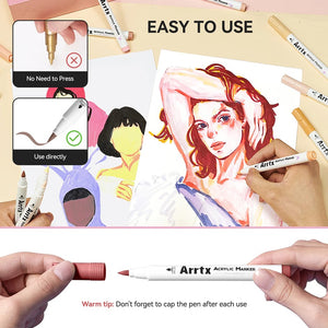 Arrtx 30 Colors Acrylic Markers Skin Tone Paint Pens Brush Tip 30C Set Skintone