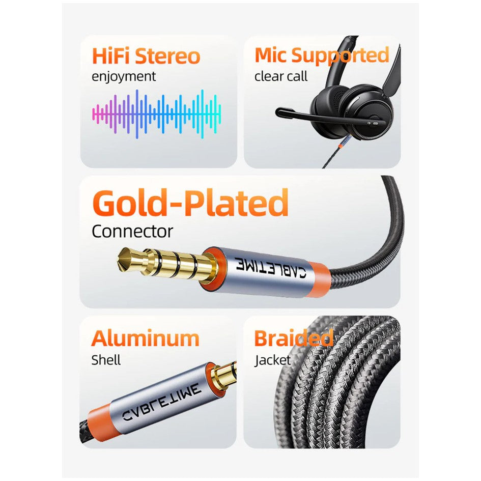 3.5mm Audio Cable Male to Male TRRS Stereo Aux Cord Cable 2M / 3M /5M Cabletime Audio Cable Support mic and Headset