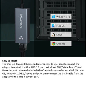 USB 3.0 to Gigabit Ethernet Adapter 1000Mbps RJ45 Cabletime