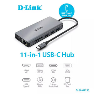 D-Link DUB-M1150 (11 IN 1) USB-C Docking Hub Type C  to Ethernet , USB-C PD 100W, 3x USB3.0 ,HDMI 4K, VGA,3.5MM Audio Port , SD and Micro SD Card Slot