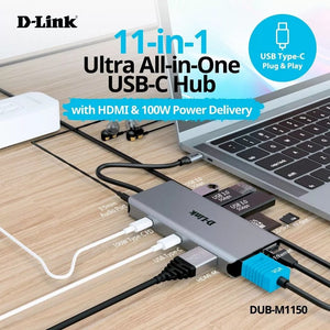 D-Link DUB-M1150 (11 IN 1) USB-C Docking Hub Type C  to Ethernet , USB-C PD 100W, 3x USB3.0 ,HDMI 4K, VGA,3.5MM Audio Port , SD and Micro SD Card Slot